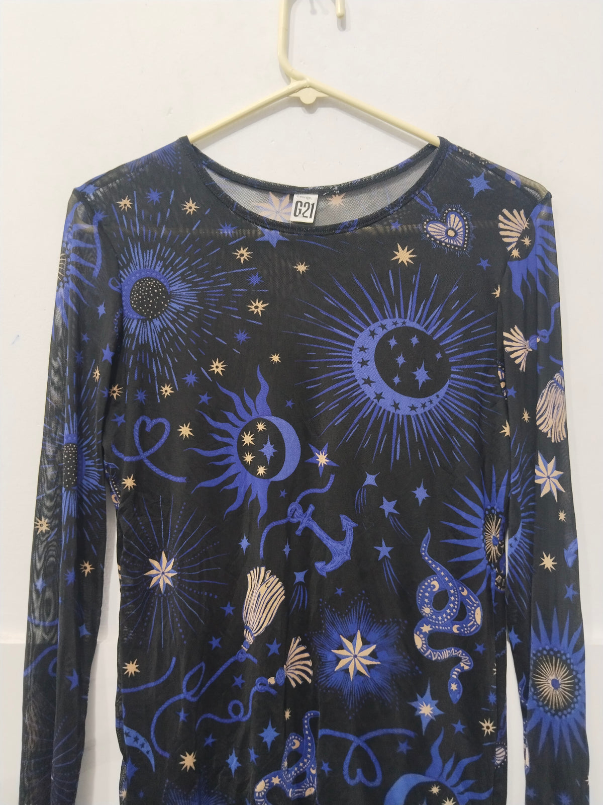 Women's Black & Blue Sheer Mesh Long Sleeve Top with Celestial Sun, Moon, Star & Snake Print