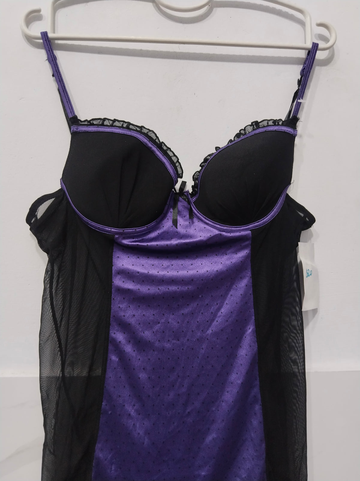 Women's Purple Satin & Sheer Black Mesh Babydoll Nighty