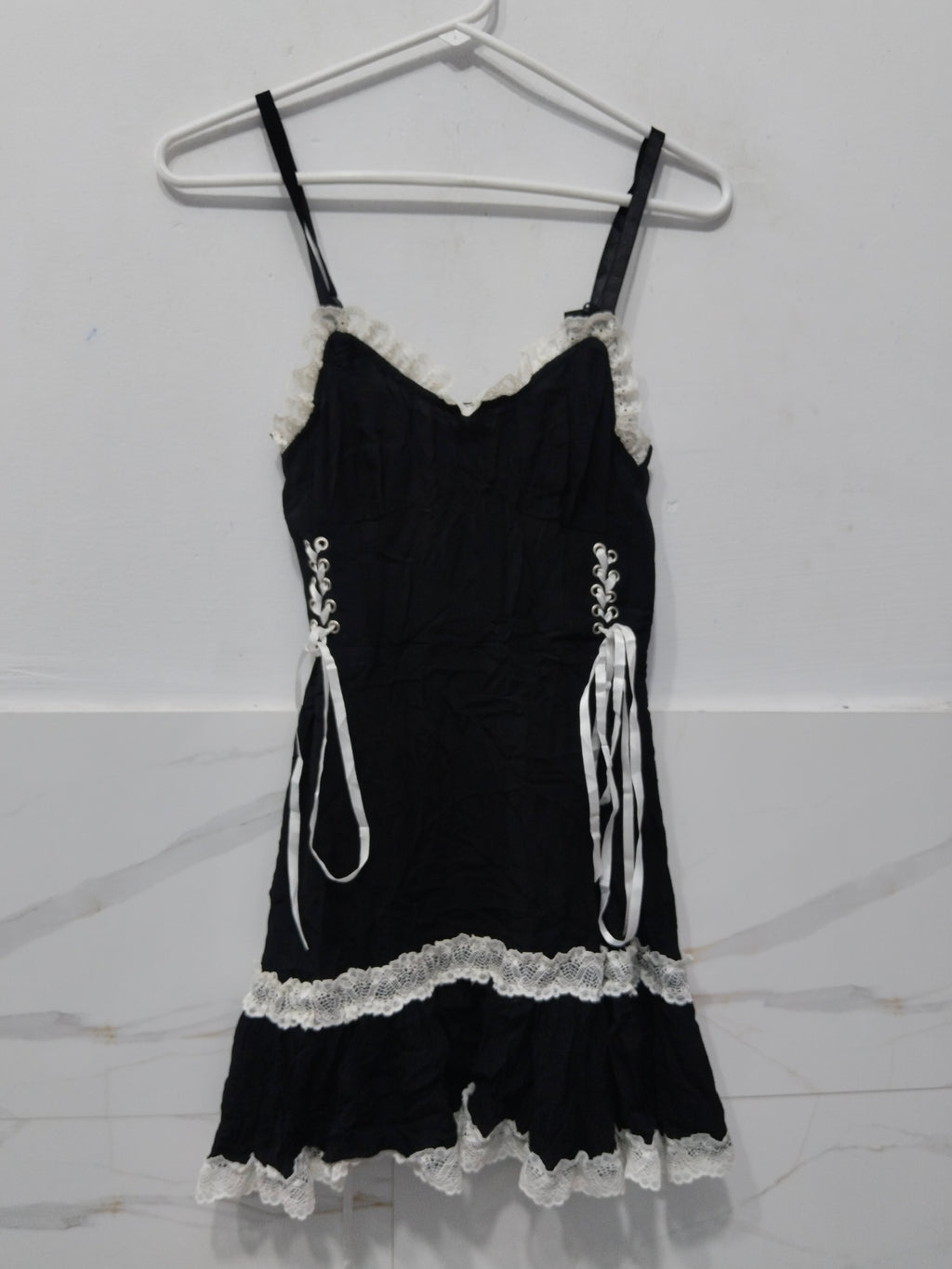Women's Gothic Lolita Black Camisole Mini Dress with Lace Trim & Ribbon Corset Lace