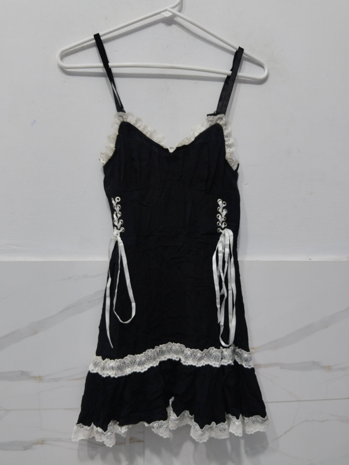 Women's Gothic Lolita Black Camisole Mini Dress with Lace Trim & Ribbon Corset Lace