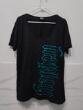 Women's Black Scoop Neck Casual T-Shirt with Vertical Teal Foil/Glitter "Harlem" Print