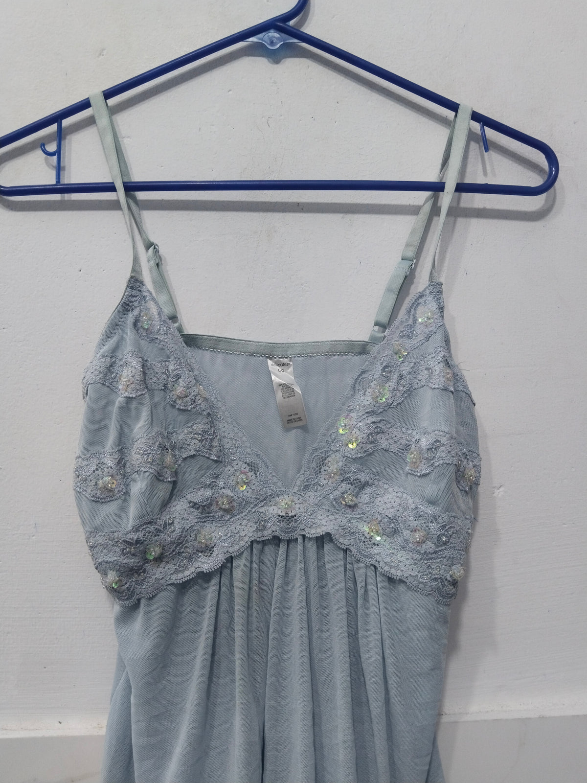 Women's Pastel Blue Sequin & Lace Trim Spaghetti Strap Babydoll Camisole Top