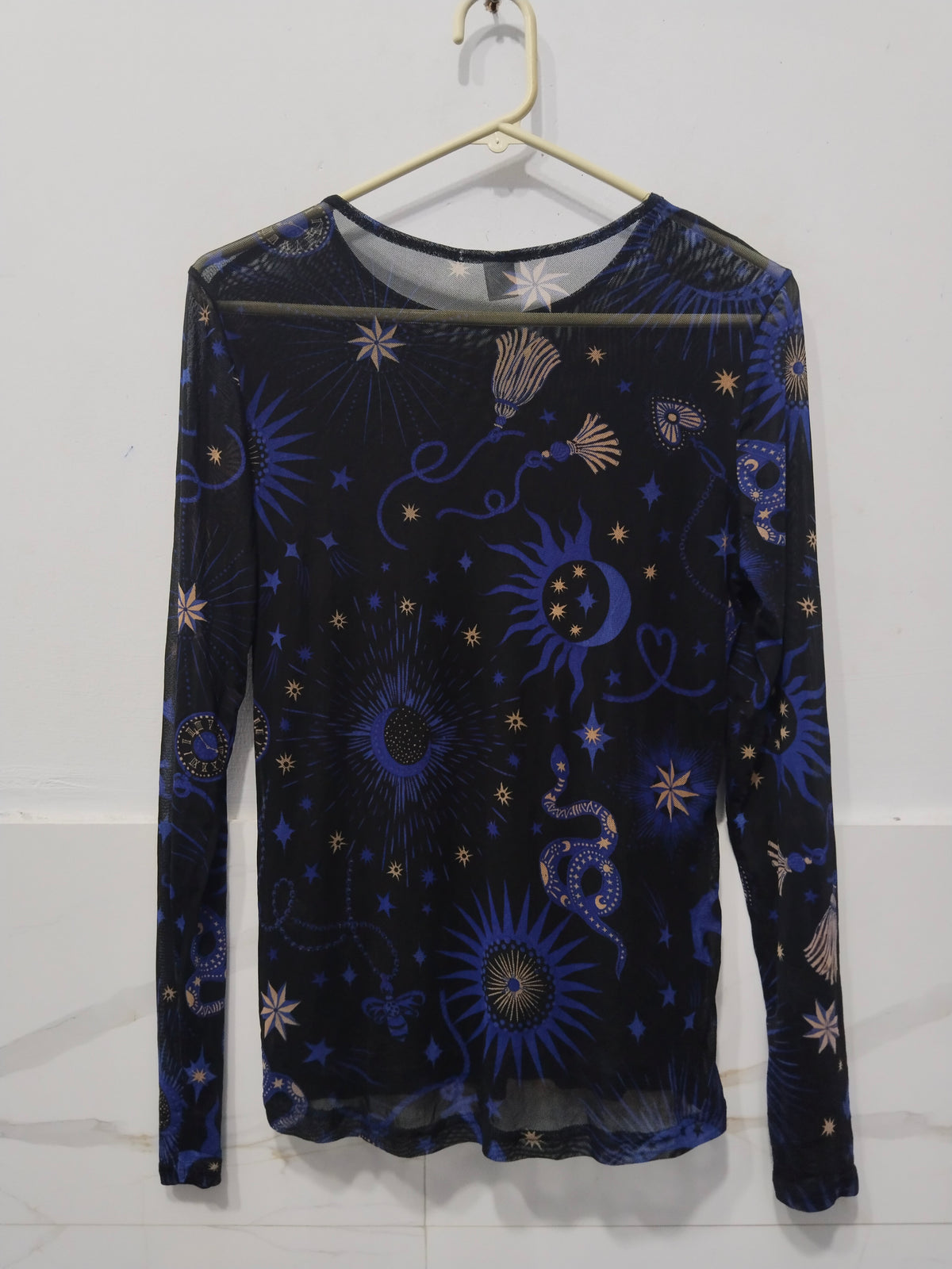 Women's Black & Blue Sheer Mesh Long Sleeve Top with Celestial Sun, Moon, Star & Snake Print