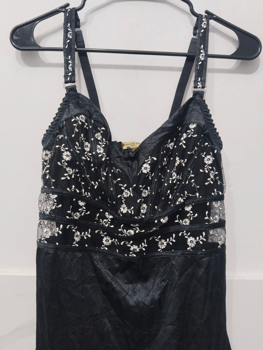 Pleasure State Women's Black Satin & Mesh Slip Mini Dress with White Floral Embroidery