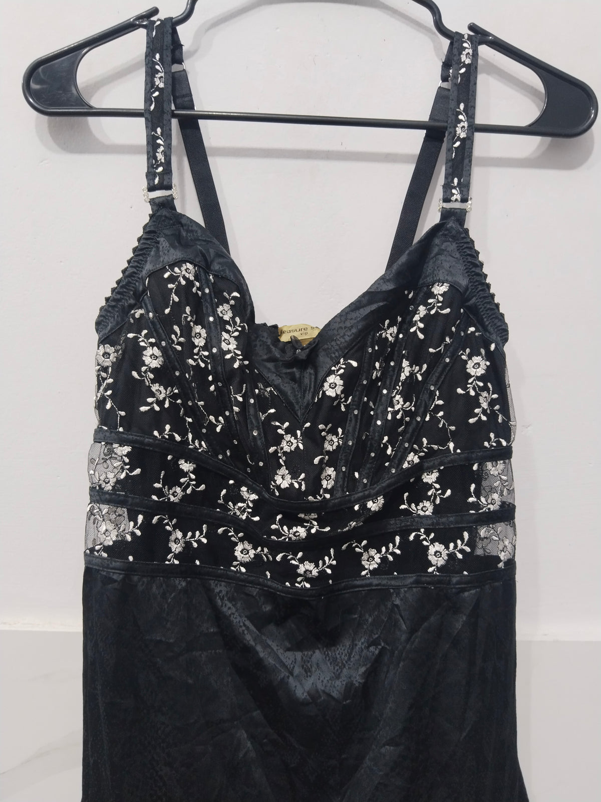 Pleasure State Women's Black Satin & Mesh Slip Mini Dress with White Floral Embroidery
