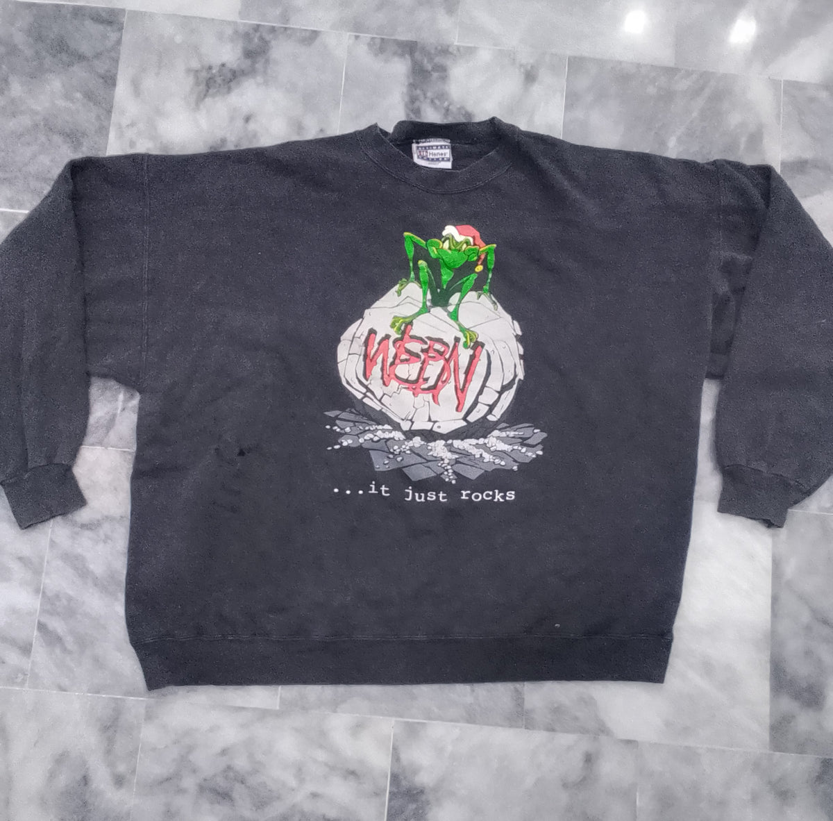 Vintage Ween Holiday Frog "...it just rocks" Black Crewneck Sweatshirt