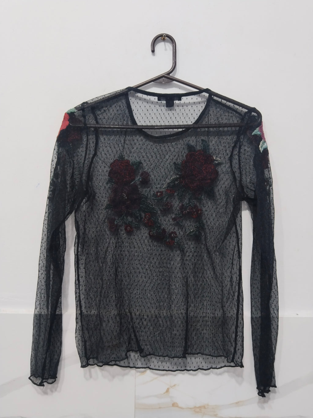 Women's Black Sheer Swiss Dot Mesh Long Sleeve Top with Red Floral Embroidery