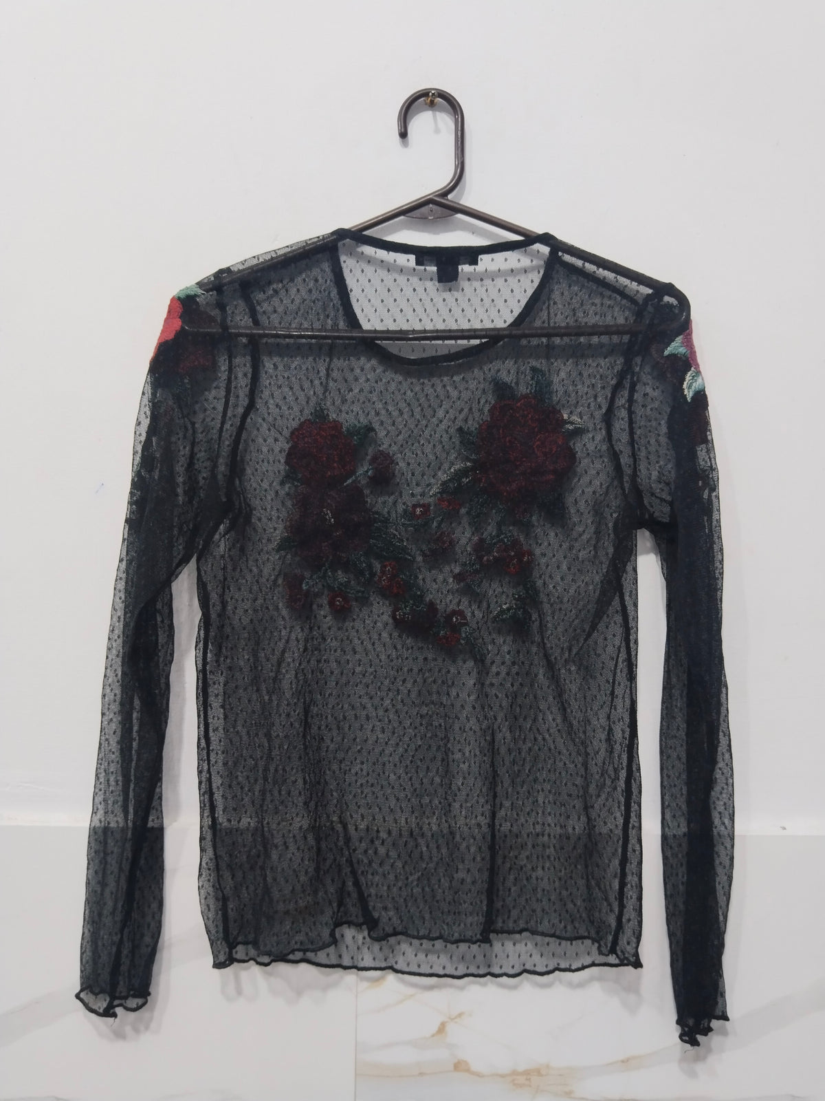 Women's Black Sheer Swiss Dot Mesh Long Sleeve Top with Red Floral Embroidery