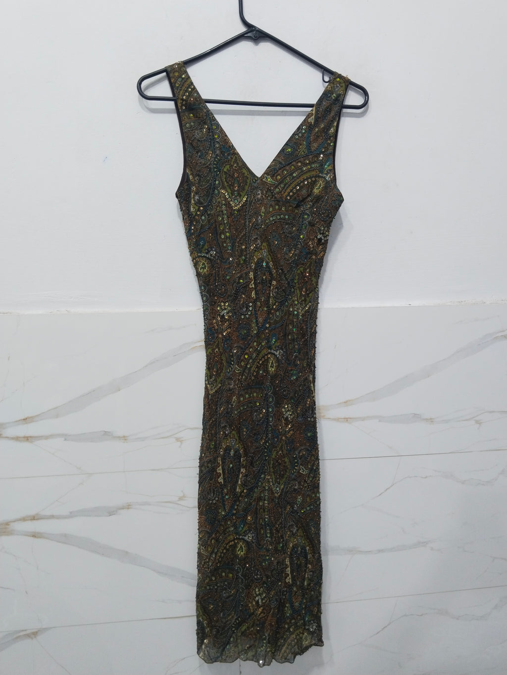 Elegant V-Neck Sequined Printed Party Dress 100%Silk