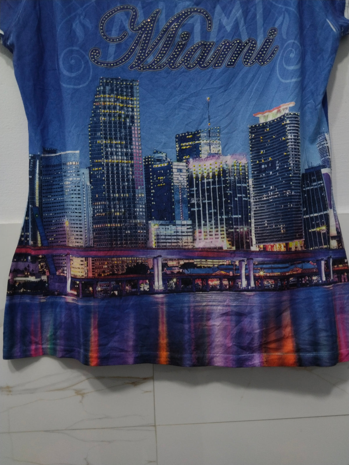 Women's Blue V-Neck T-Shirt with Miami City Skyline Print & Studded Logo
