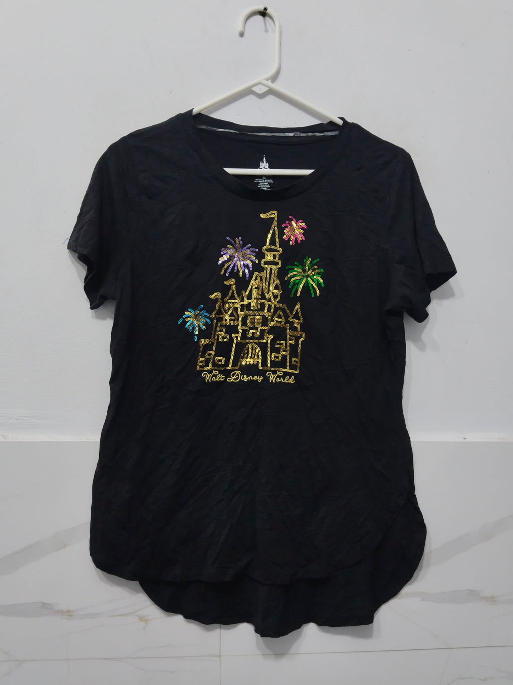 Disney Parks Women's Black Casual T-Shirt with Gold Castle & Sequin Fireworks Graphic