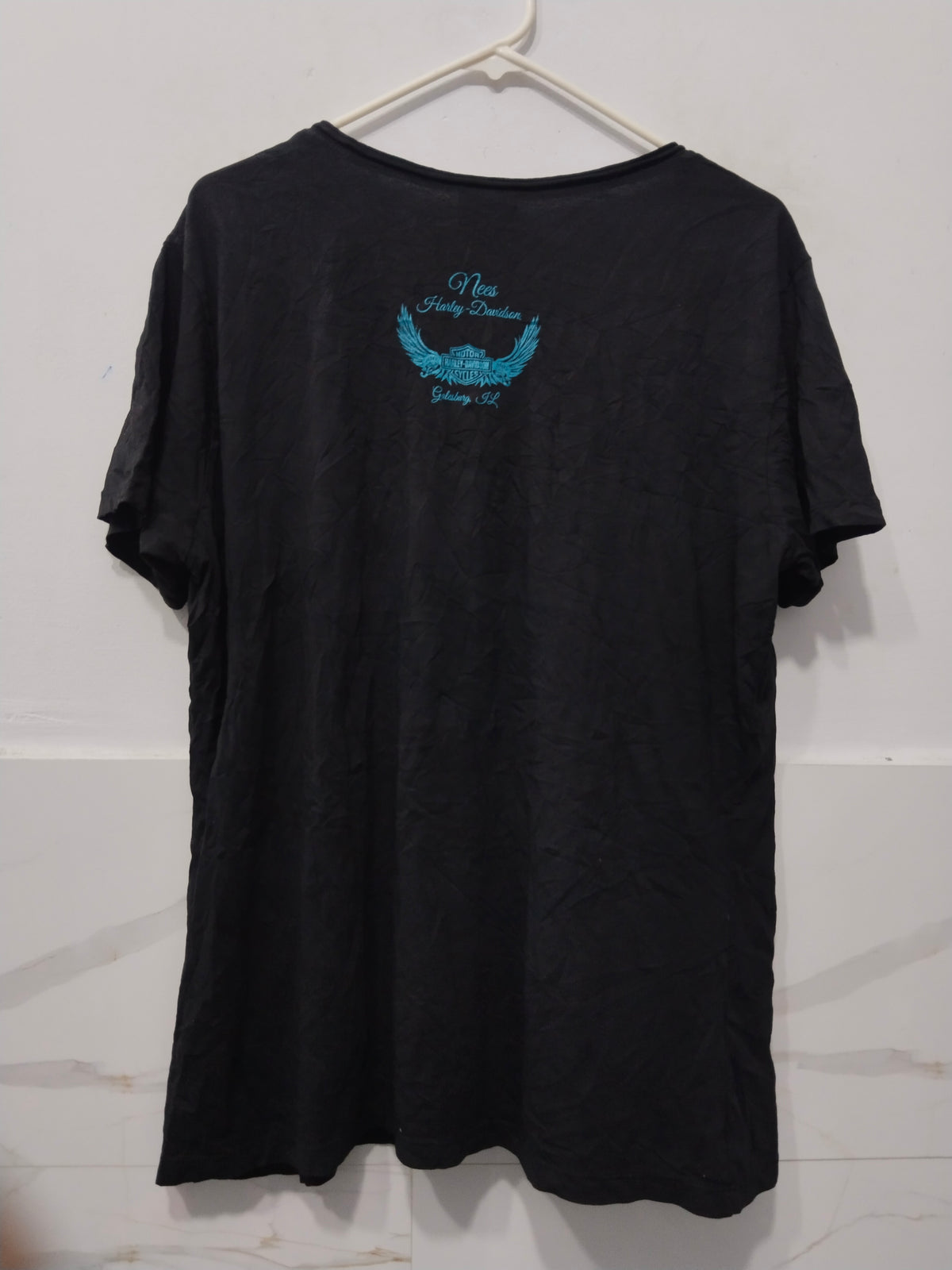 Women's Black Scoop Neck Casual T-Shirt with Vertical Teal Foil/Glitter "Harlem" Print