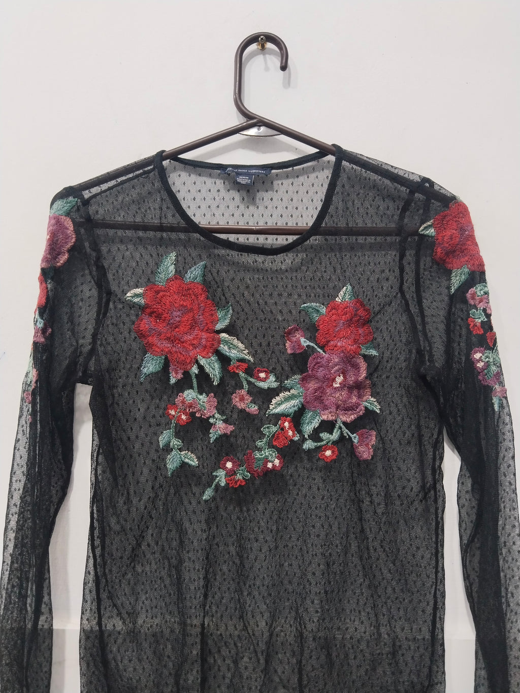 Women's Black Sheer Swiss Dot Mesh Long Sleeve Top with Red Floral Embroidery