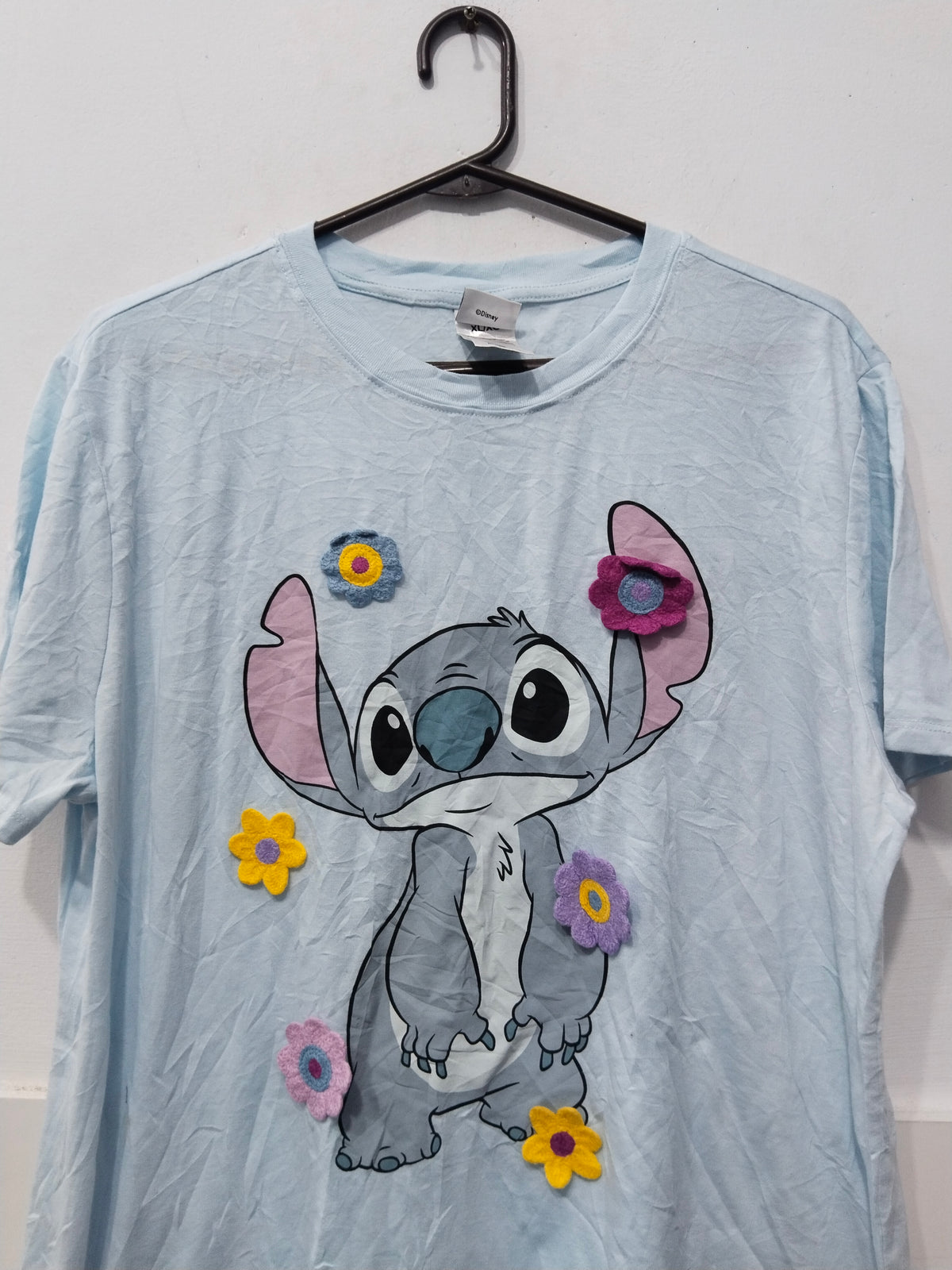 Disney Stitch Light Blue Casual T-Shirt with 3D Fabric Flower Appliqués