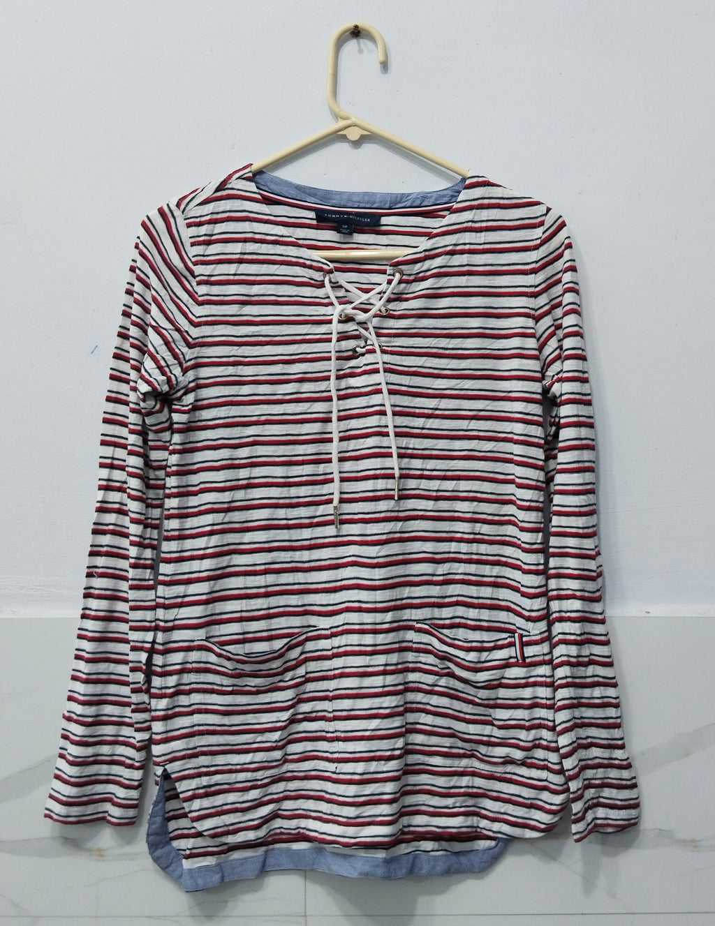 Tommy Hilfiger  100%Cotton Striped Lace-Up Pullover Hoodie