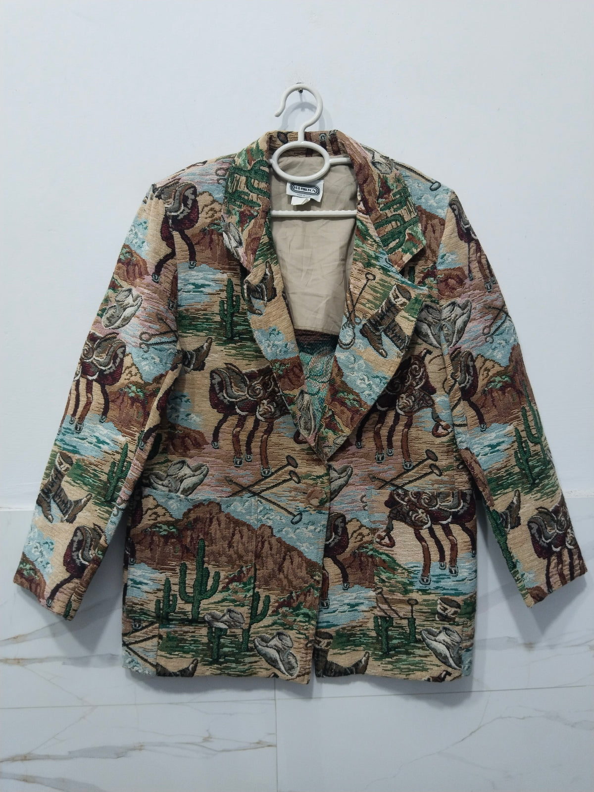 Vintage Western Tapestry Blazer Jacket Southwestern Horse Print