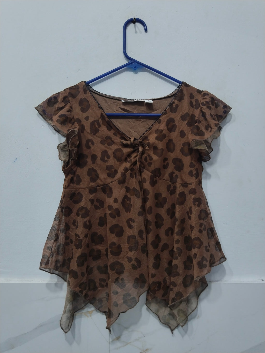 Women's Y2K Brown Leopard Print Sheer Mesh Ruffle Hem Babydoll Top