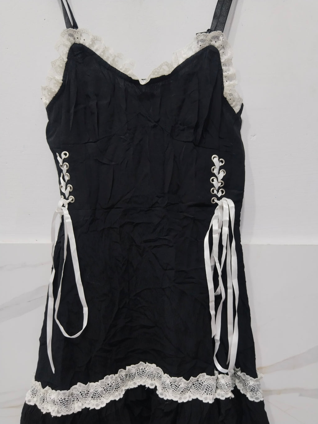 Women's Gothic Lolita Black Camisole Mini Dress with Lace Trim & Ribbon Corset Lace