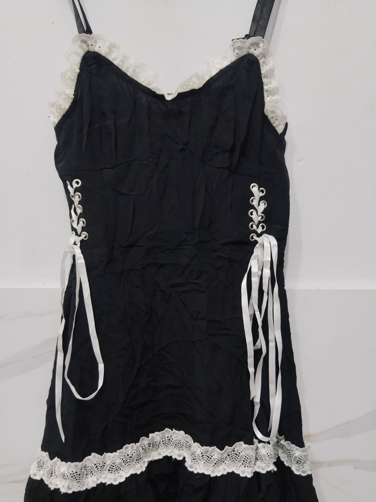 Women's Gothic Lolita Black Camisole Mini Dress with Lace Trim & Ribbon Corset Lace