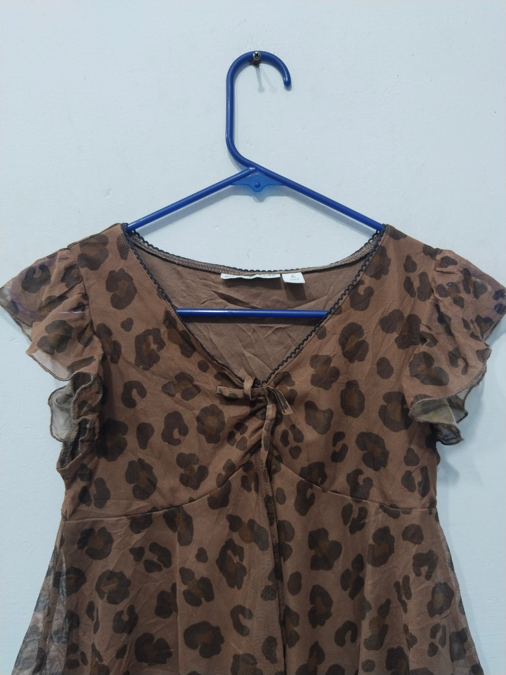 Women's Y2K Brown Leopard Print Sheer Mesh Ruffle Hem Babydoll Top