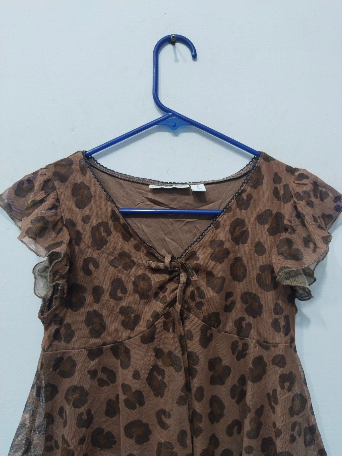 Women's Y2K Brown Leopard Print Sheer Mesh Ruffle Hem Babydoll Top