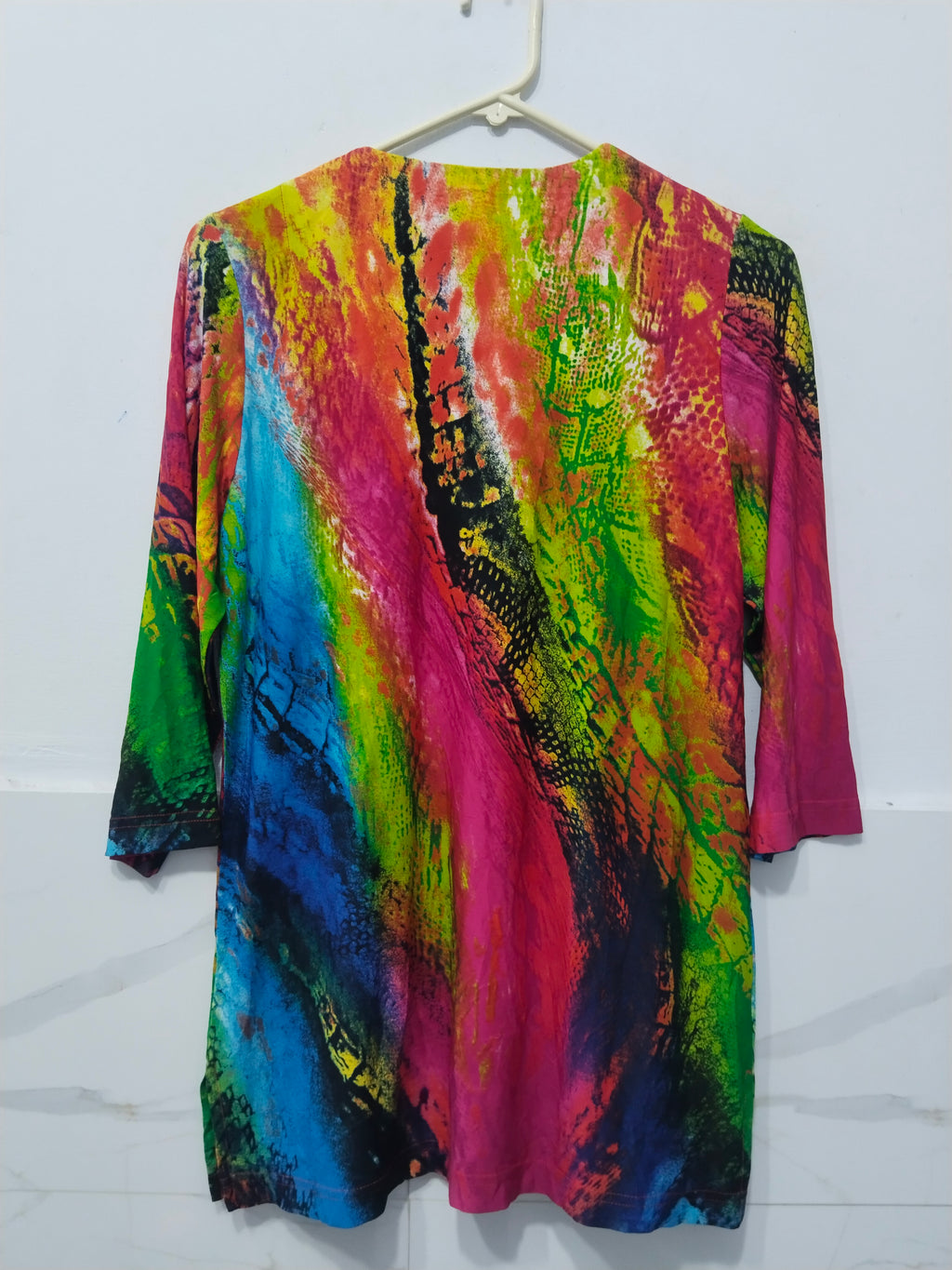 N' Touch Women's Multicolor Abstract Tie-Dye Print Long Sleeve V-Neck Tunic Top