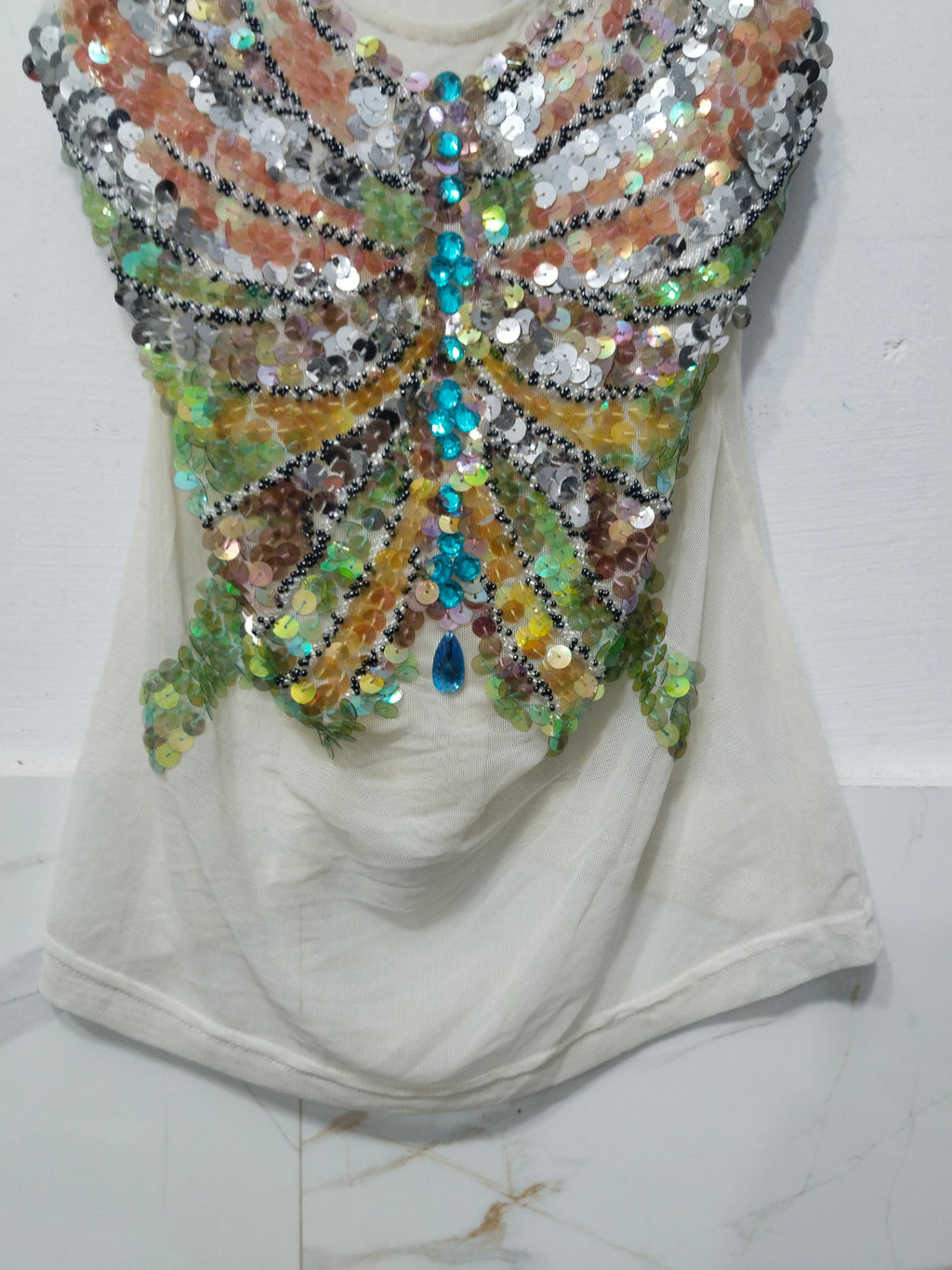 Trendy Sequined Butterfly Mesh Tank Top