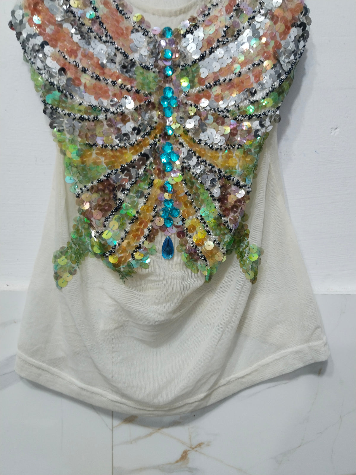 Trendy Sequined Butterfly Mesh Tank Top