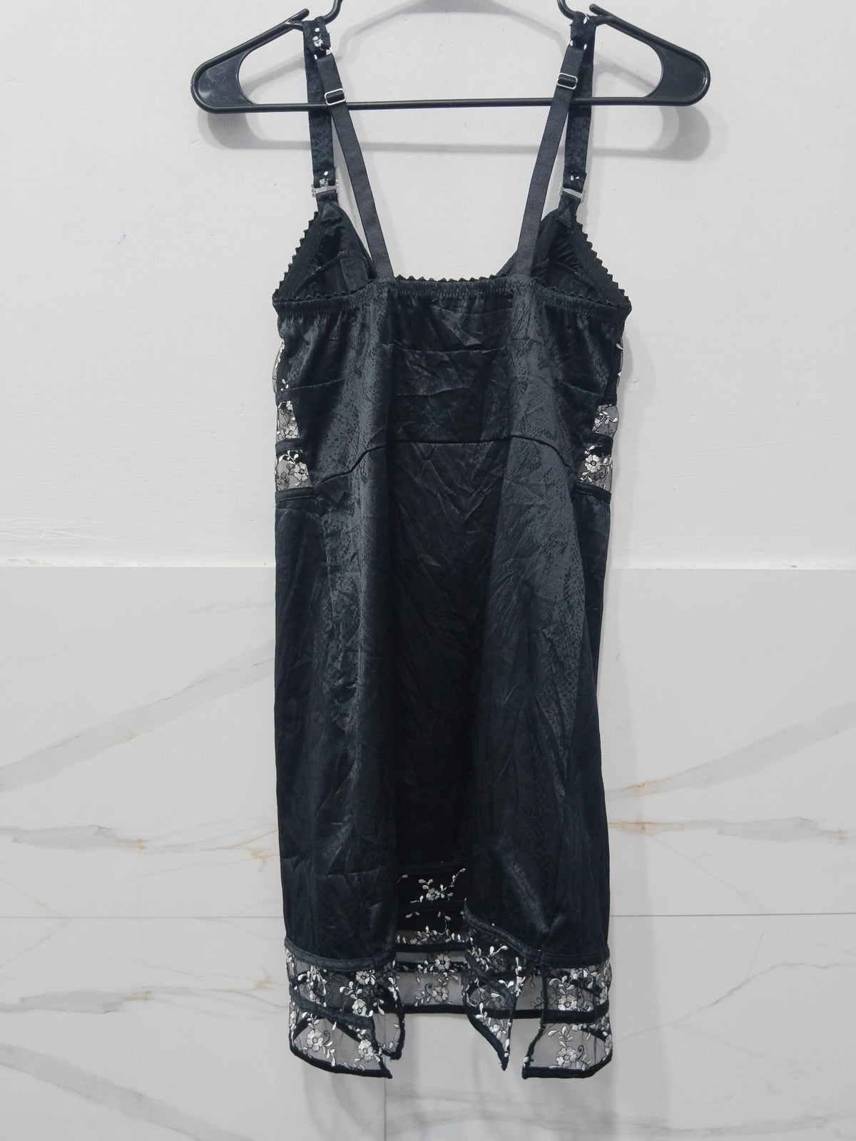 Pleasure State Women's Black Satin & Mesh Slip Mini Dress with White Floral Embroidery