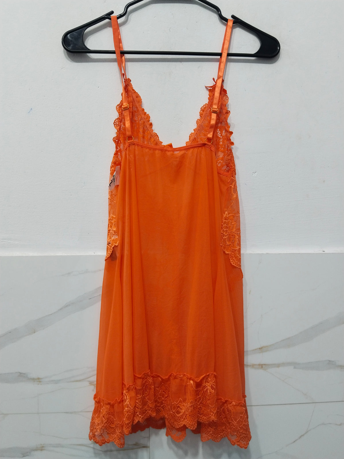 Women's Vibrant Orange Sheer Lace Babydoll Slip Nightwear Dress