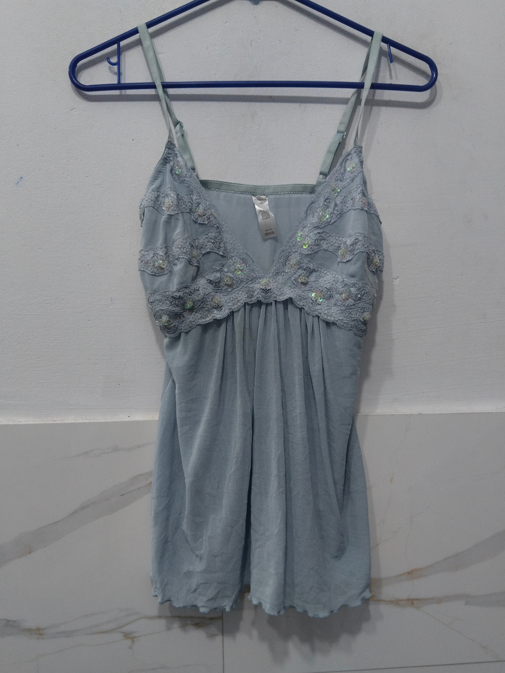 Women's Pastel Blue Sequin & Lace Trim Spaghetti Strap Babydoll Camisole Top
