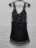 Pleasure State Women's Black Satin & Mesh Slip Mini Dress with White Floral Embroidery