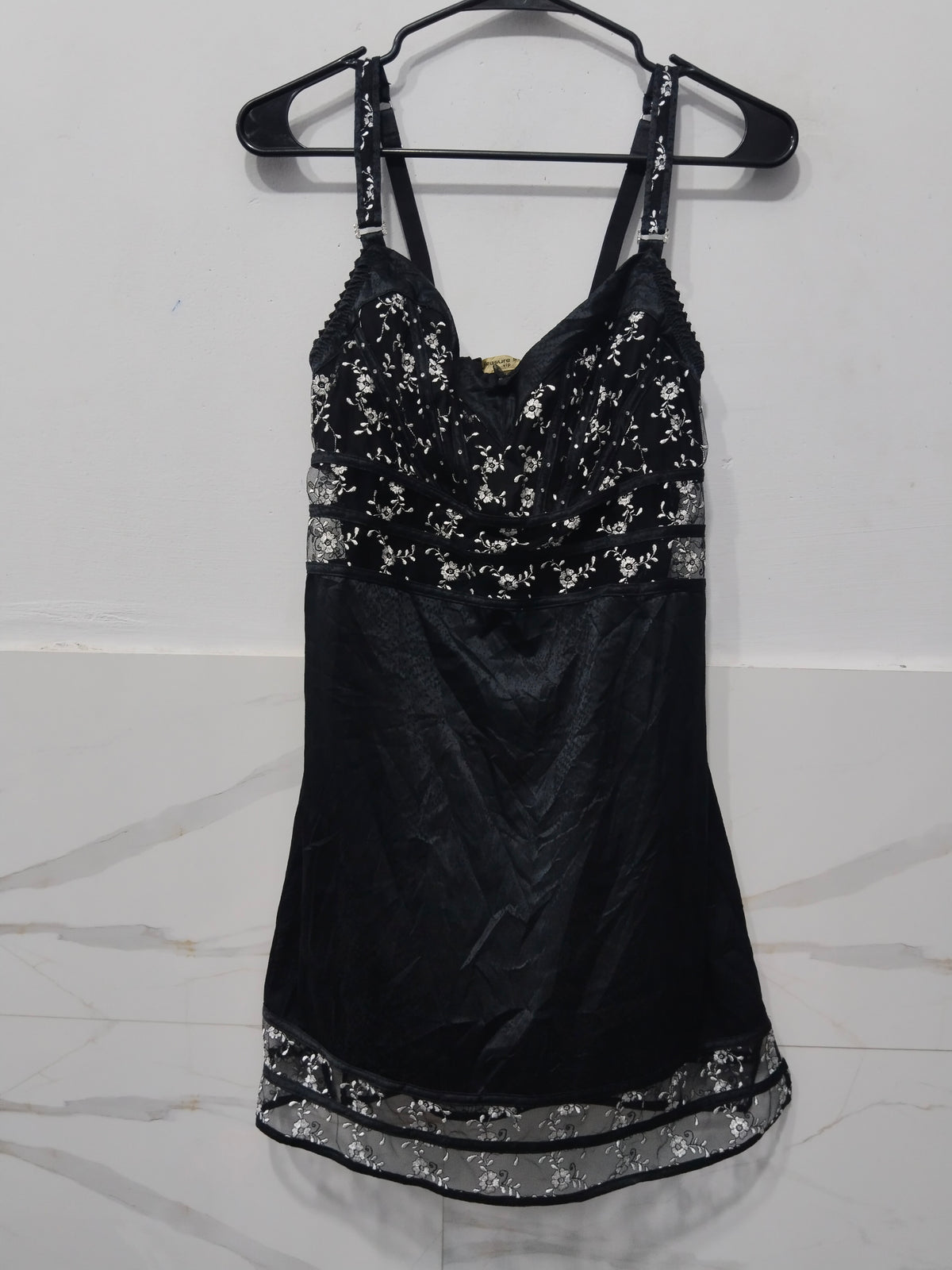 Pleasure State Women's Black Satin & Mesh Slip Mini Dress with White Floral Embroidery