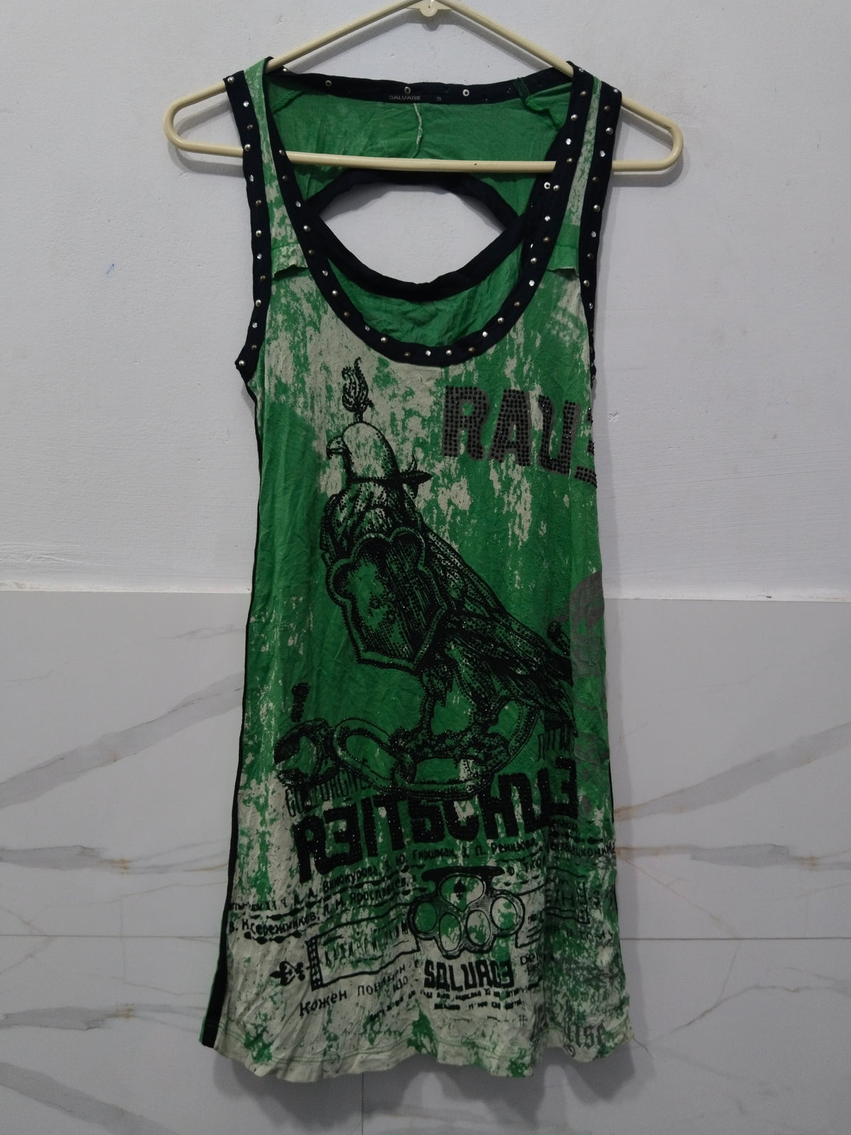 Women's Green Y2K Grunge Graphic Print Tank Top with Studded Straps & Cutout Back