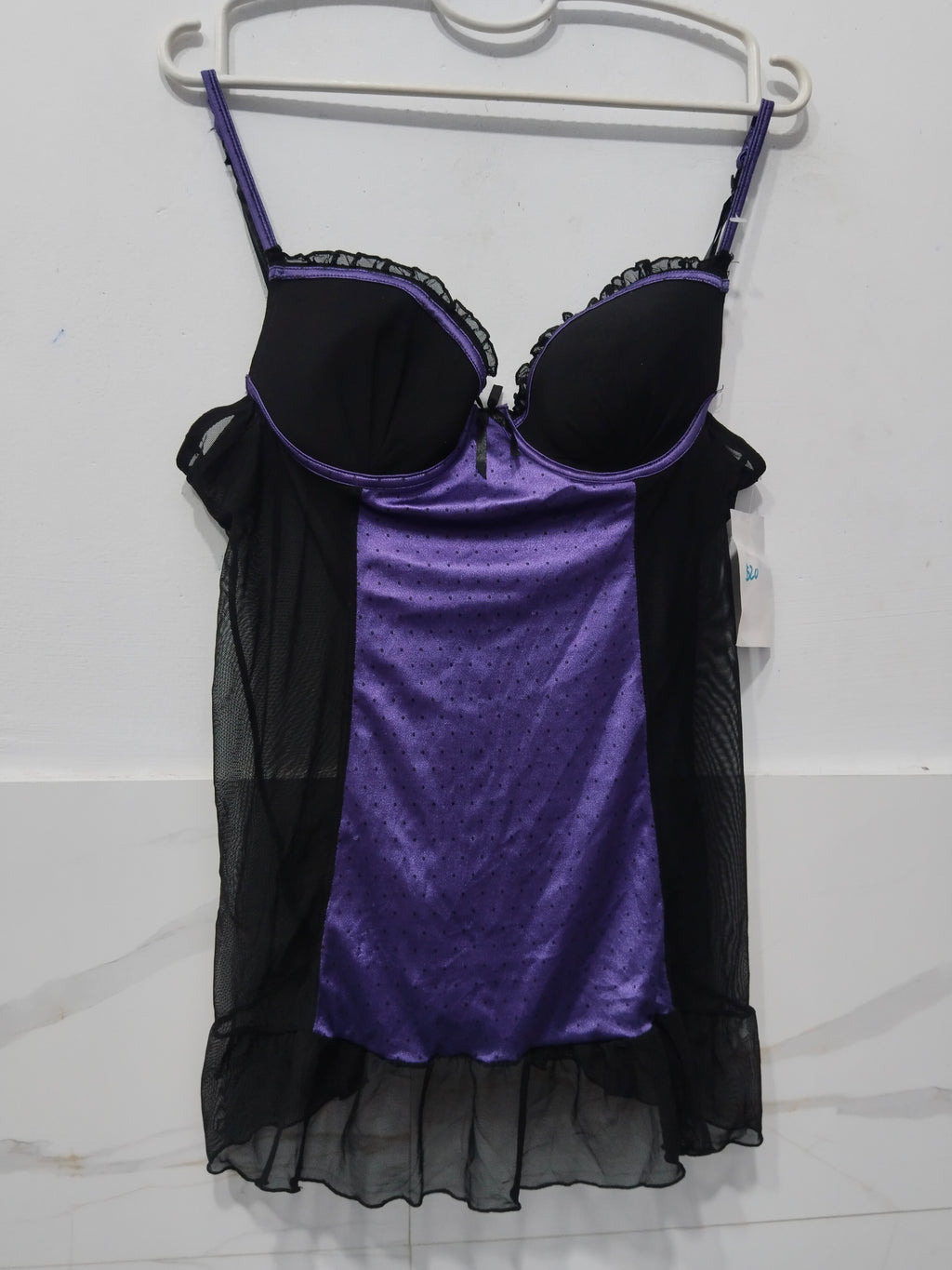 Women's Purple Satin & Sheer Black Mesh Babydoll Nighty