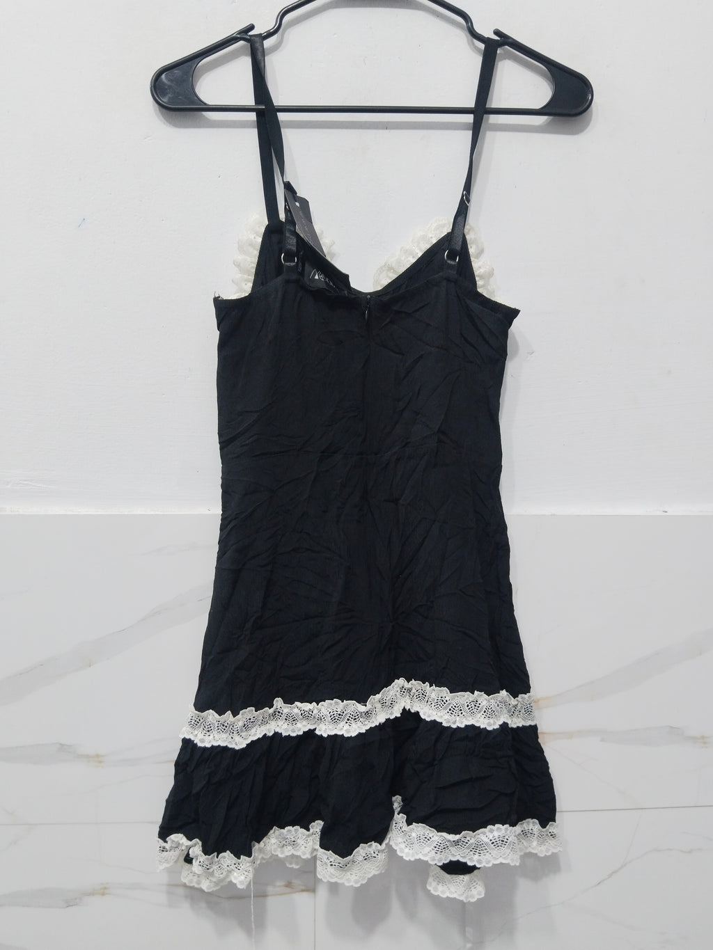 Women's Gothic Lolita Black Camisole Mini Dress with Lace Trim & Ribbon Corset Lace