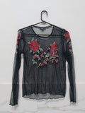 Women's Black Sheer Swiss Dot Mesh Long Sleeve Top with Red Floral Embroidery