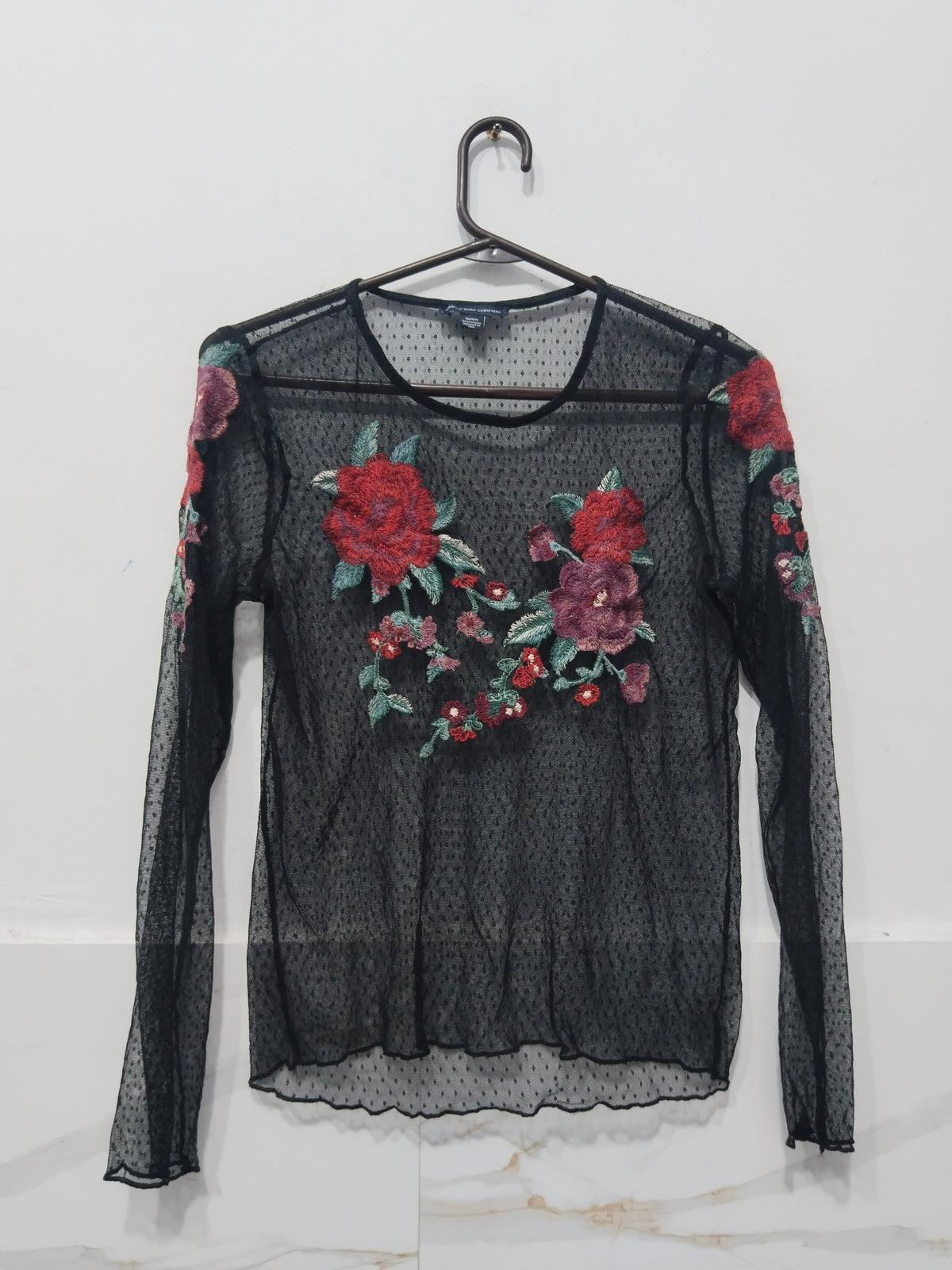 Women's Black Sheer Swiss Dot Mesh Long Sleeve Top with Red Floral Embroidery