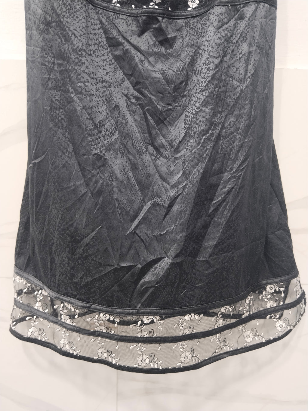 Pleasure State Women's Black Satin & Mesh Slip Mini Dress with White Floral Embroidery