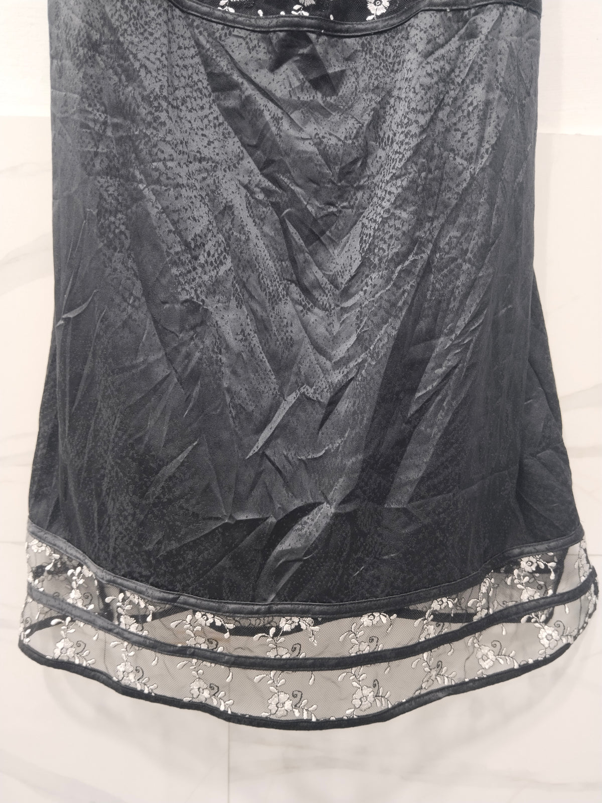 Pleasure State Women's Black Satin & Mesh Slip Mini Dress with White Floral Embroidery