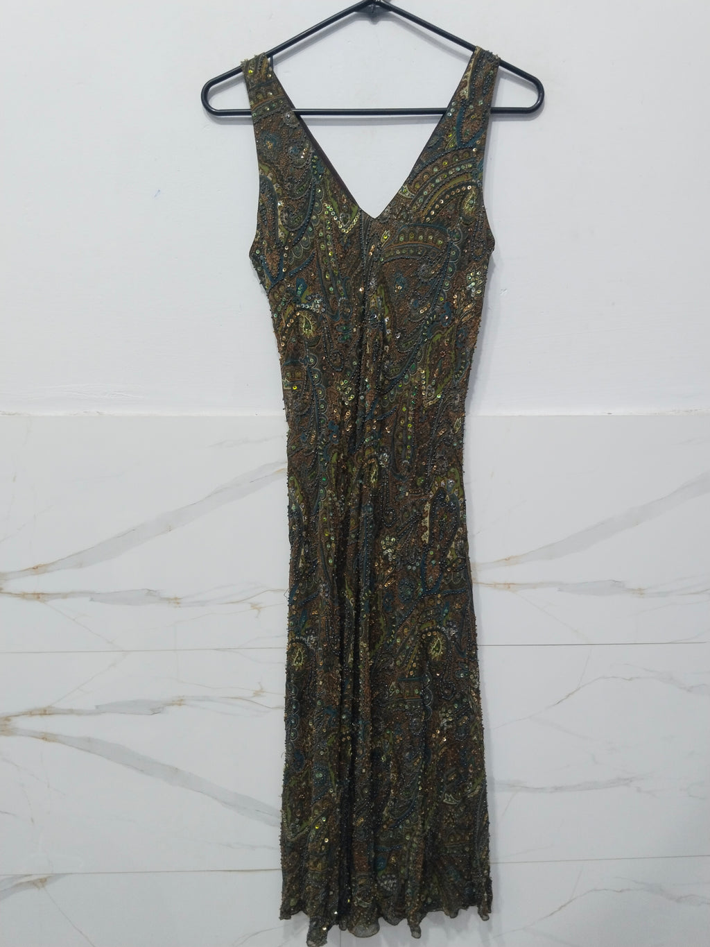 Elegant V-Neck Sequined Printed Party Dress 100%Silk