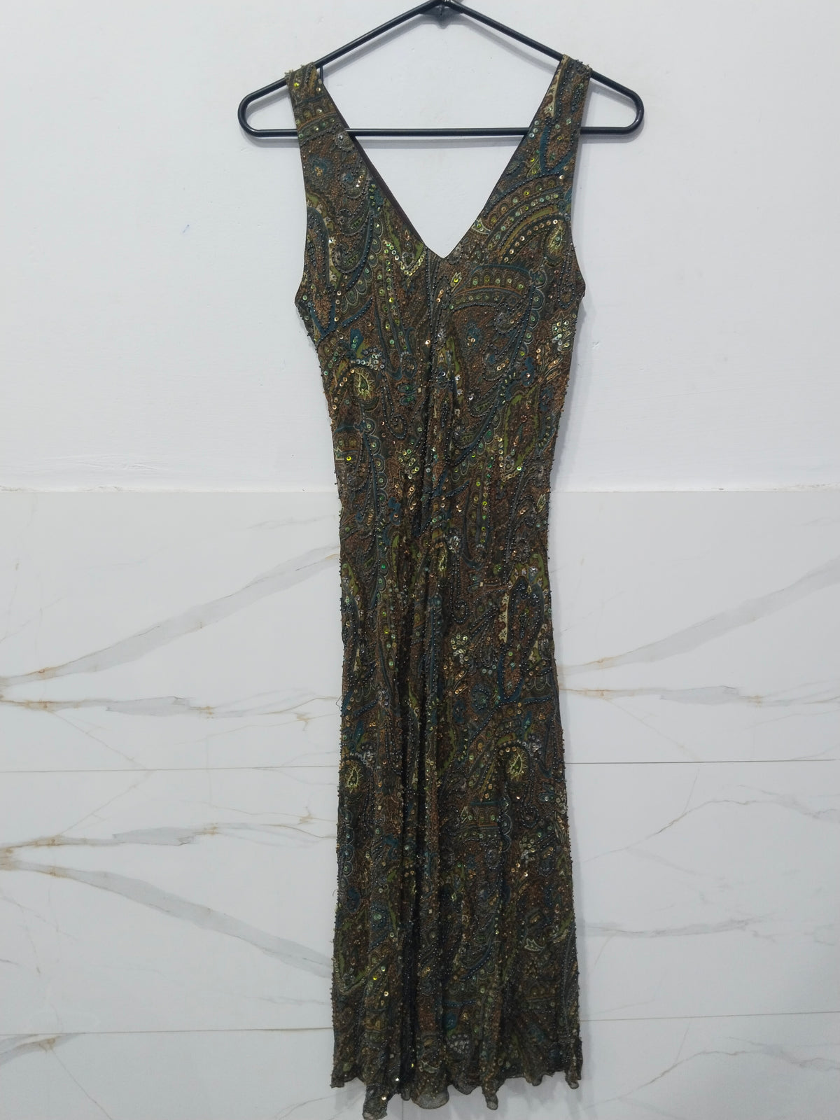 Elegant V-Neck Sequined Printed Party Dress 100%Silk