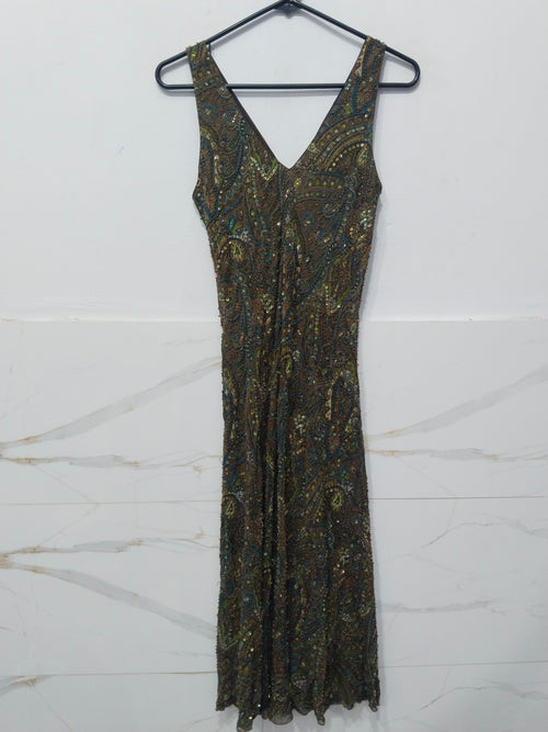 Elegant V-Neck Sequined Printed Party Dress 100%Silk