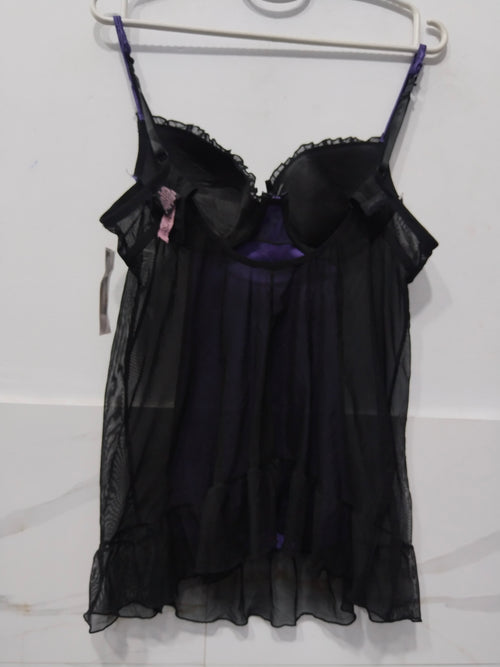 Women's Purple Satin & Sheer Black Mesh Babydoll Nighty