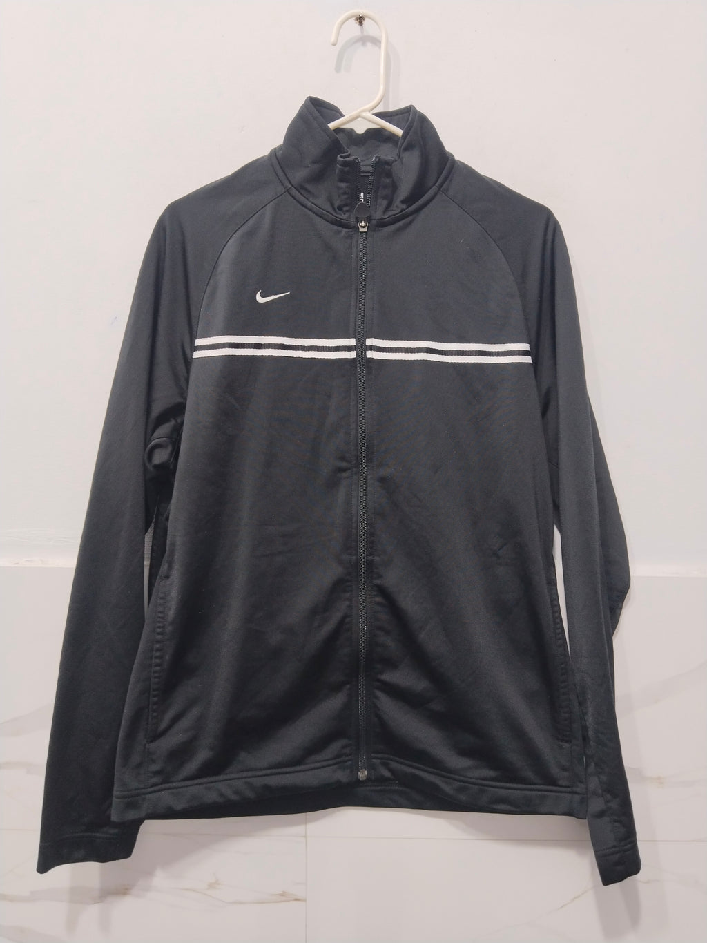 Nike Black Full Zip Track Jacket White Chest Stripe Athletic Sweatshirt