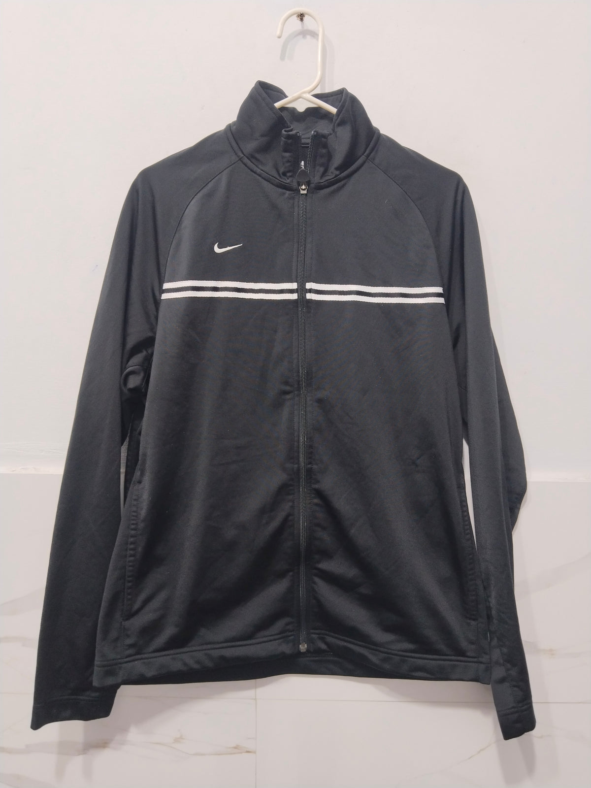 Nike Black Full Zip Track Jacket White Chest Stripe Athletic Sweatshirt