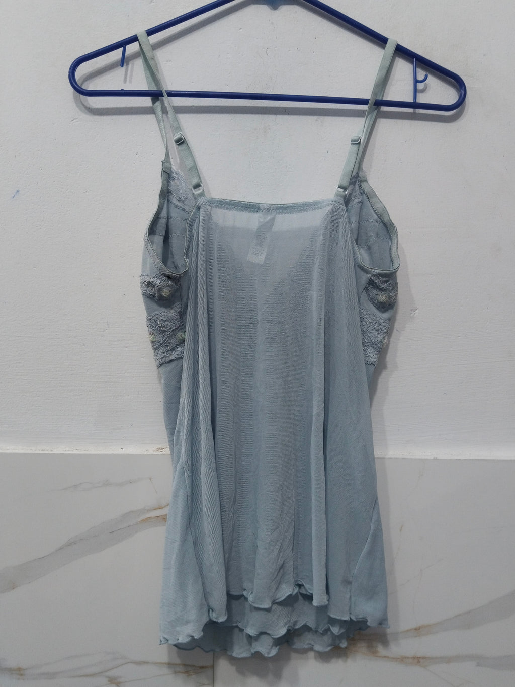 Women's Pastel Blue Sequin & Lace Trim Spaghetti Strap Babydoll Camisole Top