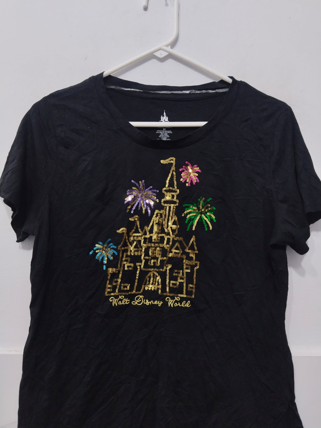 Disney Parks Women's Black Casual T-Shirt with Gold Castle & Sequin Fireworks Graphic