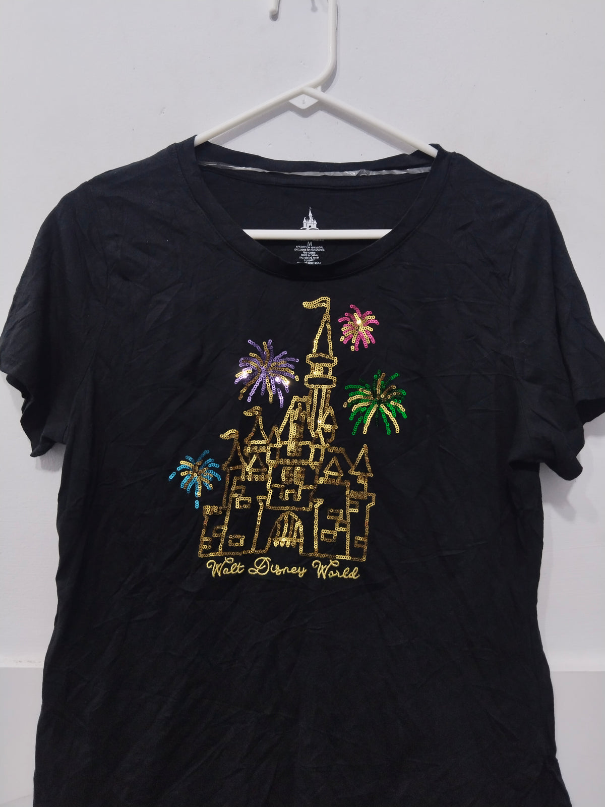 Disney Parks Women's Black Casual T-Shirt with Gold Castle & Sequin Fireworks Graphic