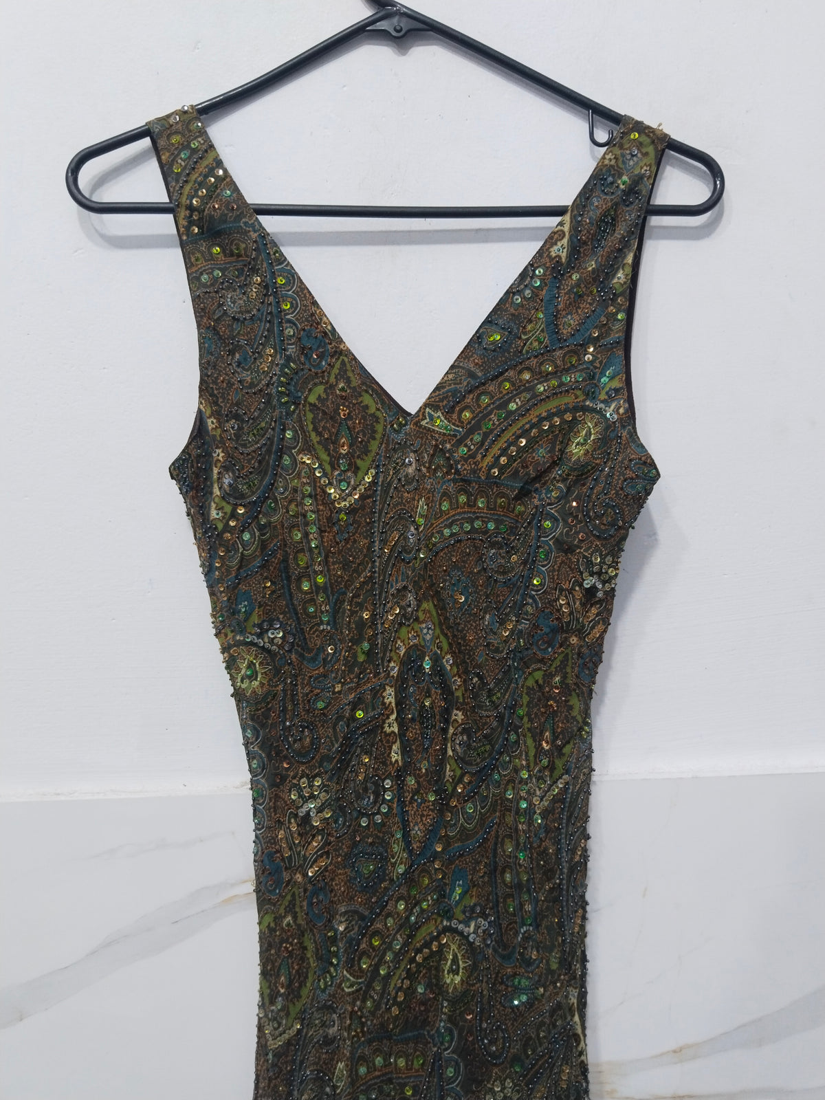 Elegant V-Neck Sequined Printed Party Dress 100%Silk